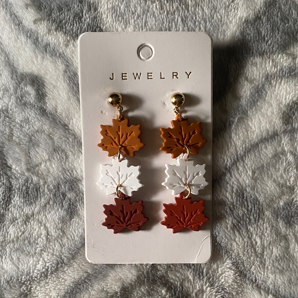 Maple Leaf Dangle Earrings - Gold, White, Brown